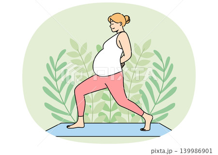 Pregnant woman does yoga on fitness mat, taking care of health of herself and unborn child Pregnant woman does yoga on fitness mat, taking care of health of herself and unborn child 139986901