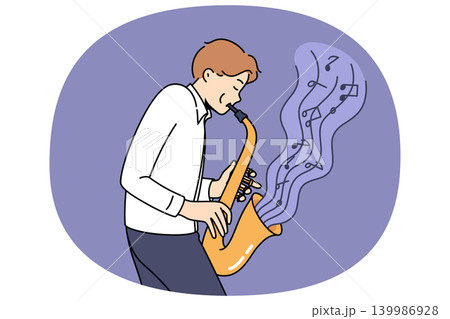 Man masterfully plays jazz composition on saxophone, blowing notes from musical instrument Man masterfully plays jazz composition on saxophone, blowing notes from musical instrument 139986928