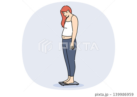 Problem of obesity and weight gain about depressed woman standing on electronic floor scale Problem of obesity and weight gain about depressed woman standing on electronic floor scale 139986959