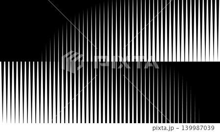 Halftone pattern with parallel vertical lines creating dynamic gradient transitions. Abstract stripe background featuring geometric black and white contrast effects. 139987039