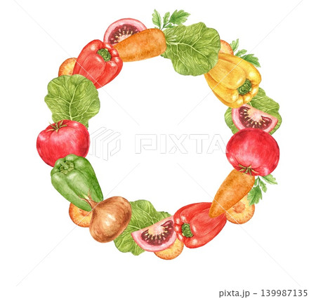 Tomatoes, peppers, onions, carrots and cabbage watercolor vegetable bold wreath with decorative arrangement and central space for text. Suitable for menus and seasonal projects. Tomatoes, peppers, onions, carrots and cabbage watercolor vegetable bold wreath with decorative arrangement and central space for text. Suitable for menus and seasonal projects. 139987135