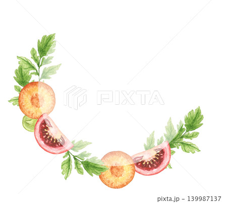 Tomatoes, carrot slices and parsley watercolor wreath with decorative arrangement and central space for text. Suitable for invitations, menus and kitchen projects. Thanksgiving frame Tomatoes, carrot slices and parsley watercolor wreath with decorative arrangement and central space for text. Suitable for invitations, menus and kitchen projects. Thanksgiving frame 139987137