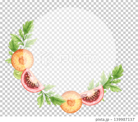 Tomatoes, carrot slices and parsley watercolor wreath with decorative arrangement and central space for text. Suitable for invitations, menus and kitchen projects. Thanksgiving frame Tomatoes, carrot slices and parsley watercolor wreath with decorative arrangement and central space for text. Suitable for invitations, menus and kitchen projects. Thanksgiving frame 139987137