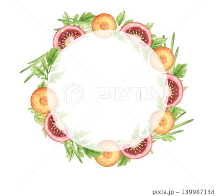 Tomatoes and carrot slices watercolor circular wreath with decorative arrangement and central space for text. Suitable for menus, invitations, labels and seasonal projects. Tomatoes and carrot slices watercolor circular wreath with decorative arrangement and central space for text. Suitable for menus, invitations, labels and seasonal projects. 139987138