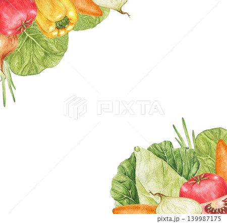 Tomatoes, carrots, cabbage leaves and herbs watercolor corner frame with decorative harvest arrangement and central space for text. Suitable for invitations, menus, recipe cards and seasonal projects. Tomatoes, carrots, cabbage leaves and herbs watercolor corner frame with decorative harvest arrangement and central space for text. Suitable for invitations, menus, recipe cards and seasonal projects. 139987175