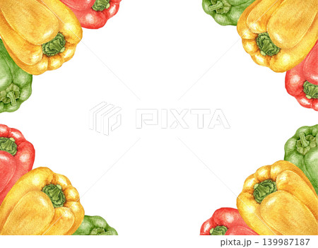 Yellow peppers and cabbage watercolor rectangular frame with decorative harvest arrangement and central space for text. Suitable for menu templates, invitations, recipe cards and seasonal projects. Yellow peppers and cabbage watercolor rectangular frame with decorative harvest arrangement and central space for text. Suitable for menu templates, invitations, recipe cards and seasonal projects. 139987187