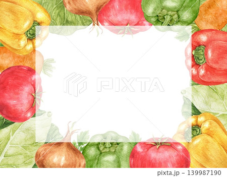 Peppers, onions, tomatoes and cabbage watercolor rectangular frame with transparent center and space for text. Suitable for menu templates, invitations, labels and seasonal projects. Peppers, onions, tomatoes and cabbage watercolor rectangular frame with transparent center and space for text. Suitable for menu templates, invitations, labels and seasonal projects. 139987190