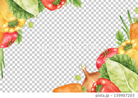 Cabbage, peppers, carrots, onions and tomatoes watercolor frame with decorative harvest arrangement. Suitable for recipe cards, kitchen prints, menu templates and seasonal projects. 139987203