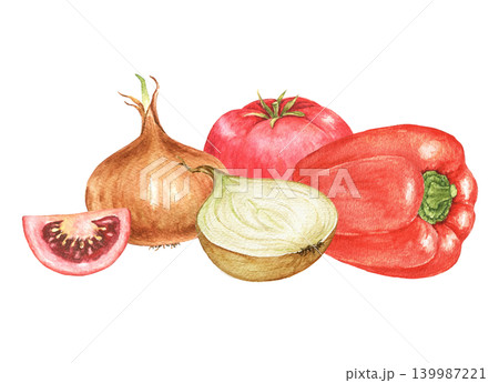 Onion, tomato, tomato slice, red pepper and onion half watercolor composition for recipe cards, kitchen decoration, food packaging, menu templates and seasonal cooking projects. Onion, tomato, tomato slice, red pepper and onion half watercolor composition for recipe cards, kitchen decoration, food packaging, menu templates and seasonal cooking projects. 139987221