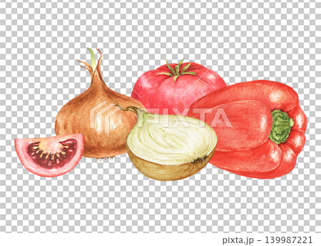 Onion, tomato, tomato slice, red pepper and onion half watercolor composition for recipe cards, kitchen decoration, food packaging, menu templates and seasonal cooking projects. Onion, tomato, tomato slice, red pepper and onion half watercolor composition for recipe cards, kitchen decoration, food packaging, menu templates and seasonal cooking projects. 139987221