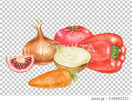 Onion, tomato, tomato slice, red pepper, carrot and onion half watercolor composition for recipe cards, kitchen decoration, food packaging, menu templates and seasonal cooking projects. Onion, tomato, tomato slice, red pepper, carrot and onion half watercolor composition for recipe cards, kitchen decoration, food packaging, menu templates and seasonal cooking projects. 139987223