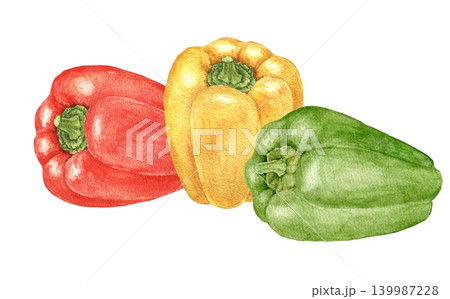 Red, yellow and green bell peppers watercolor composition for recipe cards, kitchen decoration, food packaging, salad themes and seasonal cooking projects. Thanksgiving still life Red, yellow and green bell peppers watercolor composition for recipe cards, kitchen decoration, food packaging, salad themes and seasonal cooking projects. Thanksgiving still life 139987228