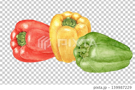 Red, yellow and green bell peppers watercolor composition for recipe cards, kitchen decoration, food packaging, salad themes and seasonal cooking projects. Thanksgiving still life Red, yellow and green bell peppers watercolor composition for recipe cards, kitchen decoration, food packaging, salad themes and seasonal cooking projects. Thanksgiving still life 139987229