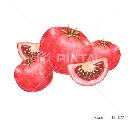 Tomatoes and tomato slices watercolor composition for recipe cards, kitchen decoration, food packaging, menu templates and seasonal cooking projects. Tomatoes and tomato slices watercolor composition for recipe cards, kitchen decoration, food packaging, menu templates and seasonal cooking projects. 139987234