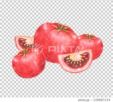 Tomatoes and tomato slices watercolor composition for recipe cards, kitchen decoration, food packaging, menu templates and seasonal cooking projects. Tomatoes and tomato slices watercolor composition for recipe cards, kitchen decoration, food packaging, menu templates and seasonal cooking projects. 139987234
