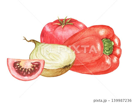 Tomato, tomato slice, red pepper and onion half watercolor composition for recipe cards, kitchen decoration, food packaging, menu templates and seasonal cooking projects. Soup ingredients, 139987236