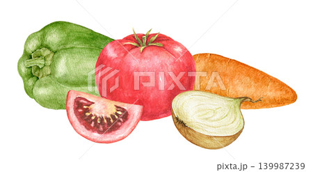 Green bell pepper, tomato, tomato slice, carrot and onion watercolor composition for recipe cards, kitchen decoration, food packaging, salad themes and seasonal cooking projects. 139987239
