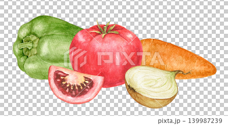 Green bell pepper, tomato, tomato slice, carrot and onion watercolor composition for recipe cards, kitchen decoration, food packaging, salad themes and seasonal cooking projects. 139987239