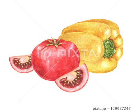 Yellow pepper, tomato and tomato slices watercolor composition for recipe cards, kitchen decoration, food packaging, menu templates and seasonal cooking projects. Ingredients for soup frying, salad 139987247