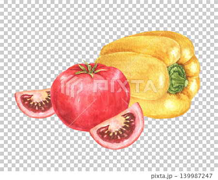Yellow pepper, tomato and tomato slices watercolor composition for recipe cards, kitchen decoration, food packaging, menu templates and seasonal cooking projects. Ingredients for soup frying, salad 139987247