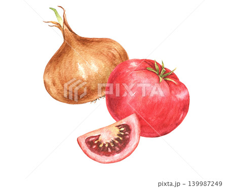 Onion, tomato and tomato slice watercolor dynamic composition for recipe cards, kitchen decoration, food packaging, menu templates and seasonal cooking projects. Ingredients for soup frying. Onion, tomato and tomato slice watercolor dynamic composition for recipe cards, kitchen decoration, food packaging, menu templates and seasonal cooking projects. Ingredients for soup frying. 139987249