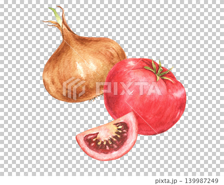Onion, tomato and tomato slice watercolor dynamic composition for recipe cards, kitchen decoration, food packaging, menu templates and seasonal cooking projects. Ingredients for soup frying. Onion, tomato and tomato slice watercolor dynamic composition for recipe cards, kitchen decoration, food packaging, menu templates and seasonal cooking projects. Ingredients for soup frying. 139987249