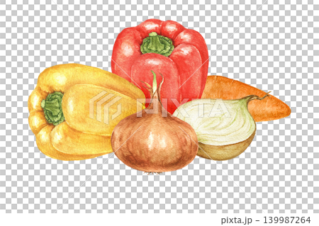 red and yellow bell peppers, onions and carrots watercolor composition for recipe cards, kitchen decoration, food packaging, soup themes and seasonal cooking projects. red and yellow bell peppers, onions and carrots watercolor composition for recipe cards, kitchen decoration, food packaging, soup themes and seasonal cooking projects. 139987264