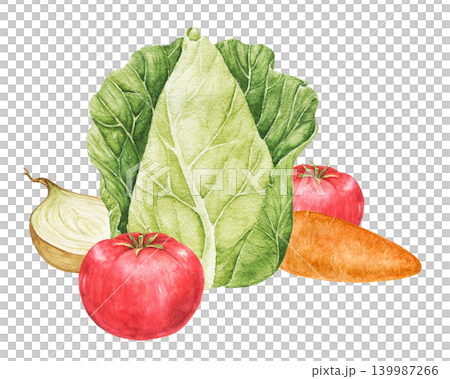 Tomatoes, tomato slices, onions, carrots and cabbage watercolor composition for kitchen decoration, recipe cards, food packaging and seasonal Thanksgiving projects. Tomatoes, tomato slices, onions, carrots and cabbage watercolor composition for kitchen decoration, recipe cards, food packaging and seasonal Thanksgiving projects. 139987266