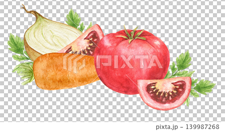 Onions, tomatoes, tomato slices, carrots and parsley watercolor composition for recipe cards, kitchen decoration, food packaging, Thanksgiving themes and seasonal culinary projects. 139987268