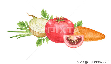 Onions, onion springs, tomatoes and carrots watercolor horizontal still life composition for recipe cards, Thanksgiving themes, kitchen decoration, food packaging and seasonal projects. 139987270
