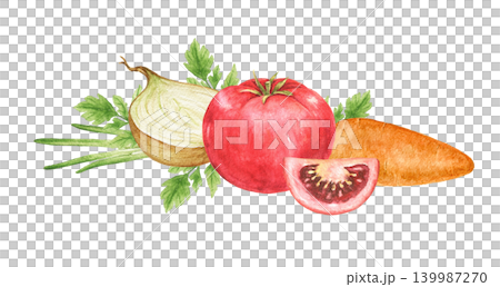 Onions, onion springs, tomatoes and carrots watercolor horizontal still life composition for recipe cards, Thanksgiving themes, kitchen decoration, food packaging and seasonal projects. 139987270