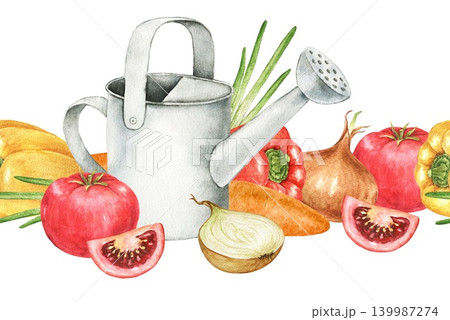 Watercolor seamless vegetable border with watering can, tomatoes, onions, peppers and carrots. Horizontal illustration for kitchen themes, Thanksgiving projects, menus, labels, food packaging. 139987274