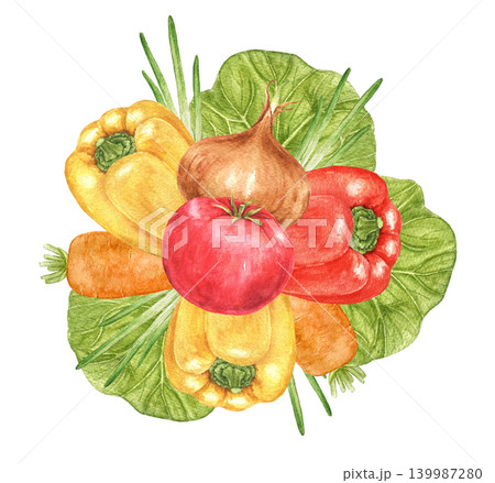 Cabbage, peppers, tomatoes, onions and carrots watercolor composition for Thanksgiving themes, kitchen decoration, recipe cards, packaging and seasonal projects. Cabbage, peppers, tomatoes, onions and carrots watercolor composition for Thanksgiving themes, kitchen decoration, recipe cards, packaging and seasonal projects. 139987280