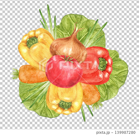 Cabbage, peppers, tomatoes, onions and carrots watercolor composition for Thanksgiving themes, kitchen decoration, recipe cards, packaging and seasonal projects. Cabbage, peppers, tomatoes, onions and carrots watercolor composition for Thanksgiving themes, kitchen decoration, recipe cards, packaging and seasonal projects. 139987280
