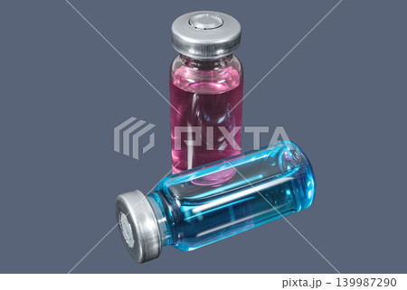 Medical vials with blue and red vaccines on a dark background Medical vials with blue and red vaccines on a dark background 139987290
