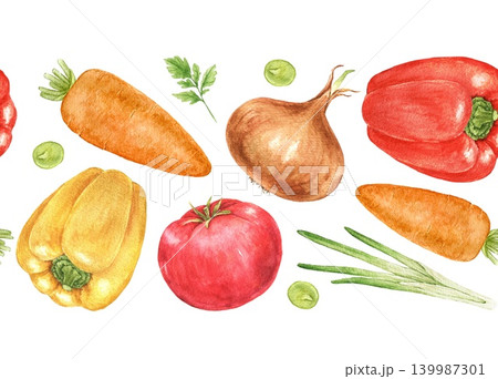 Tomatoes, peppers, onions and carrots watercolor decorative border composition for recipe cards, kitchen decoration, seasonal branding and Thanksgiving themes. 139987301