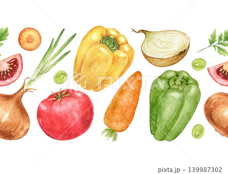 Bell peppers, tomatoes, onions and carrots watercolor decorative border composition for kitchen themes, recipe designs, Thanksgiving projects and seasonal food branding. 139987302