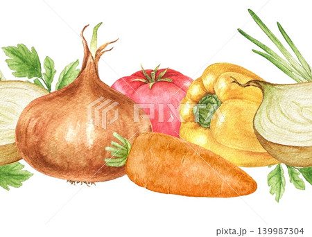 Watercolor seamless vegetable border with onions, peppers and carrots. Horizontal illustration for recipe themes, Thanksgiving projects, labels and kitchen decoration. Watercolor seamless vegetable border with onions, peppers and carrots. Horizontal illustration for recipe themes, Thanksgiving projects, labels and kitchen decoration. 139987304