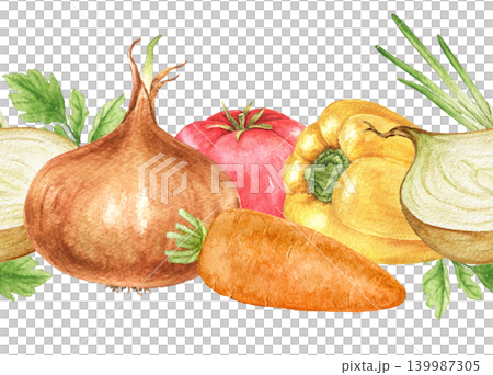Watercolor seamless vegetable border with onions, peppers and carrots. Horizontal illustration for recipe themes, Thanksgiving projects, labels and kitchen decoration. Watercolor seamless vegetable border with onions, peppers and carrots. Horizontal illustration for recipe themes, Thanksgiving projects, labels and kitchen decoration. 139987305