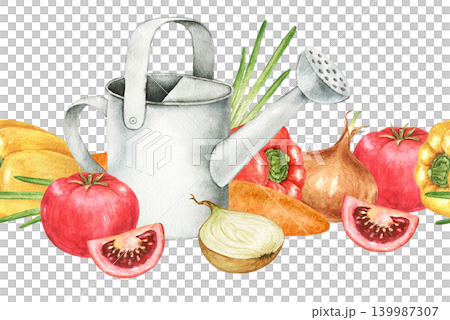 Watercolor seamless vegetable border with watering can, tomatoes, onions, peppers and carrots. Horizontal illustration for kitchen themes, Thanksgiving projects, menus, labels, food packaging. Watercolor seamless vegetable border with watering can, tomatoes, onions, peppers and carrots. Horizontal illustration for kitchen themes, Thanksgiving projects, menus, labels, food packaging. 139987307