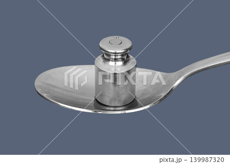 Metal weight for medical scales on the spoon isolated on a gray background Metal weight for medical scales on the spoon isolated on a gray background 139987320