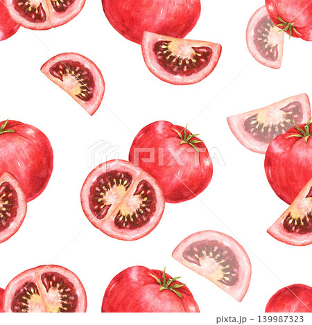 Tomatoes and tomato slices watercolor seamless pattern with scattered repeating arrangement. Suitable for fabric, wrapping paper, kitchen textiles, food packaging and seasonal projects. 139987323