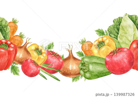 Tomatoes, peppers, onions and cabbage watercolor decorative wavy seamless border composition for recipe cards, food labels, kitchen decoration and seasonal projects. Tomatoes, peppers, onions and cabbage watercolor decorative wavy seamless border composition for recipe cards, food labels, kitchen decoration and seasonal projects. 139987326