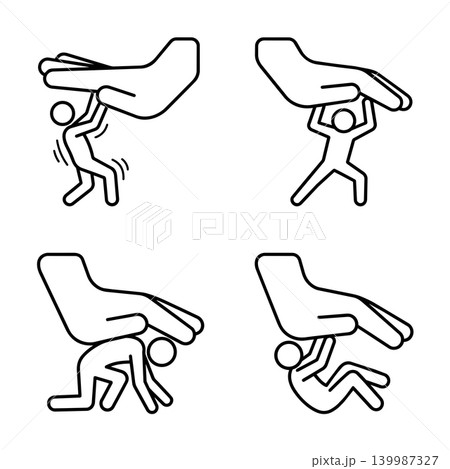 Minimalist line art icon set of a giant hand pressing down on a struggling stick figure, representing stress, oppression, and power dynamics. 139987327