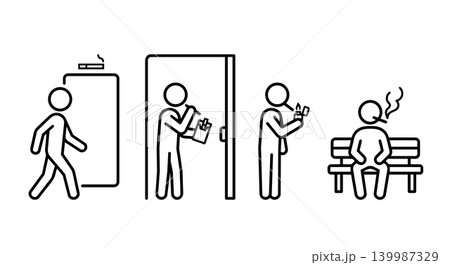Stick figure man smoking routine cigarette lightning and sitting bench icons set Stick figure man smoking routine cigarette lightning and sitting bench icons set 139987329
