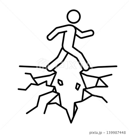 Minimalist stick figure jumping over a ground chasm line art illustration 139987448