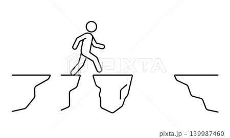 Minimalist stick figure walking safely after crossing multiple cliff gaps illustration Minimalist stick figure walking safely after crossing multiple cliff gaps illustration 139987460