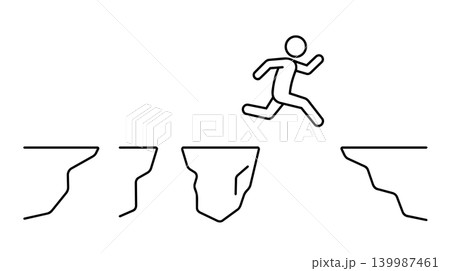 Minimalist stick figure jumping high over multiple cliff gaps line art illustration Minimalist stick figure jumping high over multiple cliff gaps line art illustration 139987461