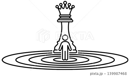 Minimalist stick figure standing in target center with chess queen line art Minimalist stick figure standing in target center with chess queen line art 139987468