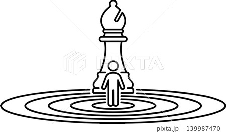 Minimalist stick figure standing in target center with chess bishop line art 139987470